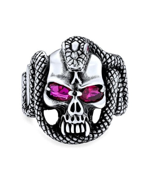 Large Mens Punk Rocker Biker Halloween Devil Gothic Pirate Day Of Dead Red CZ Eyes Serpent Snake Skull Head Ring For Men Oxidized Sterling Silver