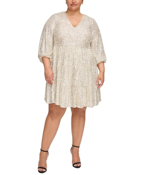 Plus Size Sequined Long-Sleeve Tiered Dress