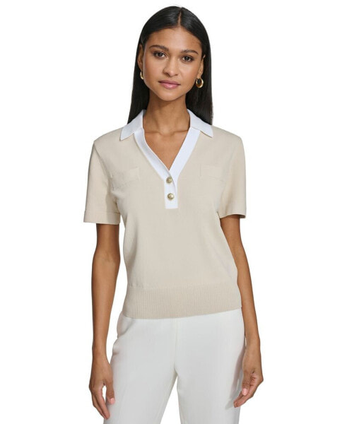 PARIS Women's Contrast-Trim Polo-Collar Top