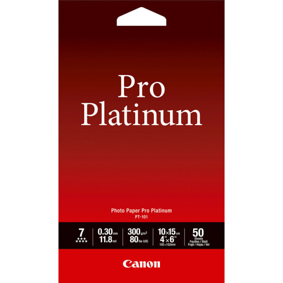 Canon PT-101 Pro Platinum Photo Paper 4x6” - 50 sheets - 300 g/m² - 11.8 µm - 50 sheets - 4" x 6" - 98 %
