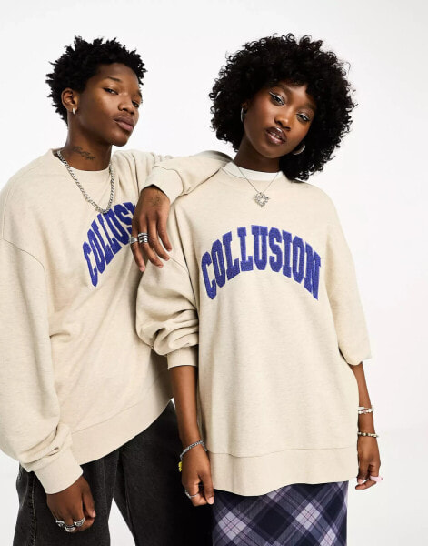 COLLUSION Unisex varsity embroidery oversized sweatshirt in oatmeal