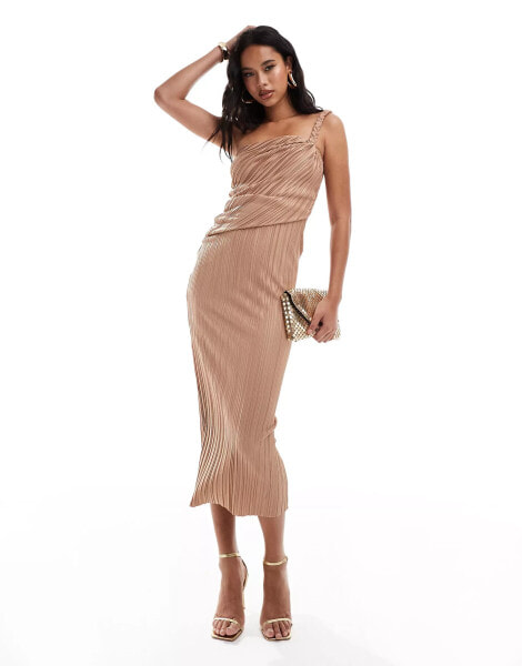 ASOS DESIGN plisse plaited one shoulder midi dress with draped front in camel