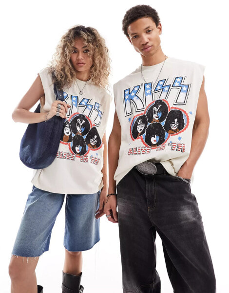 ASOS DESIGN unisex oversized license vest in off white with KISS band print