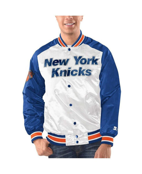 Men's White, Blue New York Knicks Renegade Satin Full-Snap Varsity Jacket