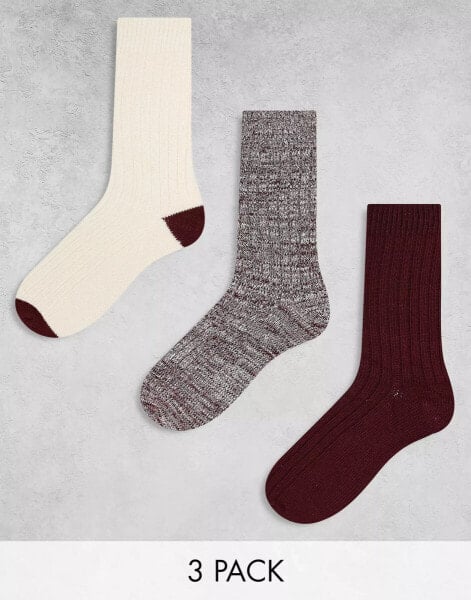 ASOS DESIGN 3 pack twist sock in ecru and burgundy