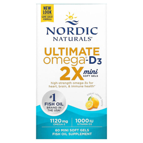 Омега 2X Ultimate с витамином D3, лимон, 60 мягких желатинок мини Нордик Натуралс
