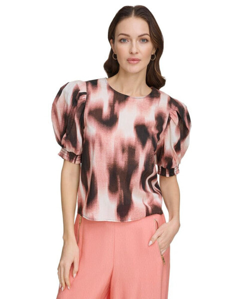 Women's Voile Printed Puff-Shoulder Woven Crewneck Top