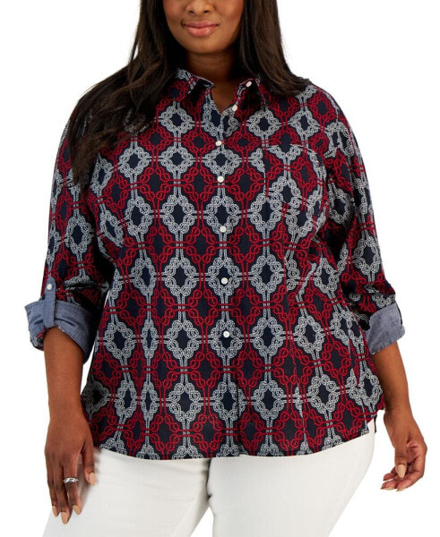 Plus Size Cotton Printed Utility Shirt