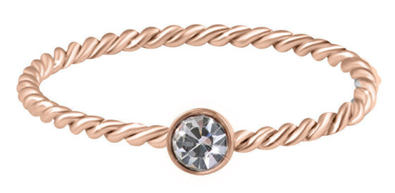 Gold-plated twisted steel ring with clear zircon Rose Gold