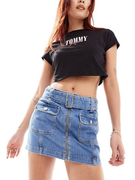 Tommy Jeans belted zipper denim mini skirt in mid wash