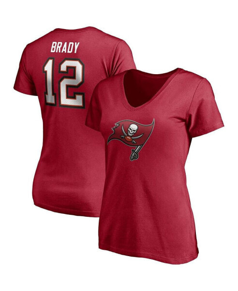 Women's Tom Brady Red Tampa Bay Buccaneers Player Icon Name and Number V-Neck T-shirt