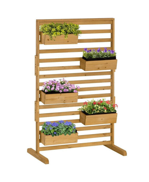 Outdoor Plant Stand with 5 Hanging Flower Boxes and Slatted Trellis for Climbing Plants, Freestanding Wooden Lattice for Patio, Balcony, Porch, Natural
