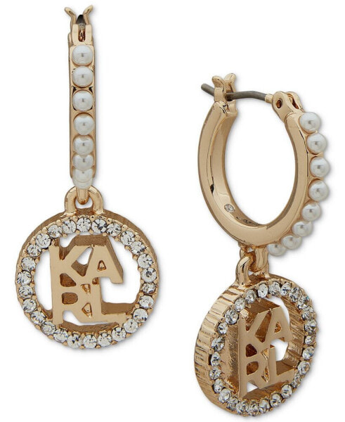 Gold-Tone Pavé Logo Charm Imitation Pearl Hoop Earrings