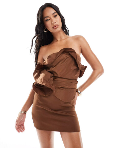 ASOS DESIGN oversized corsage fabric mixing mini dress in brown