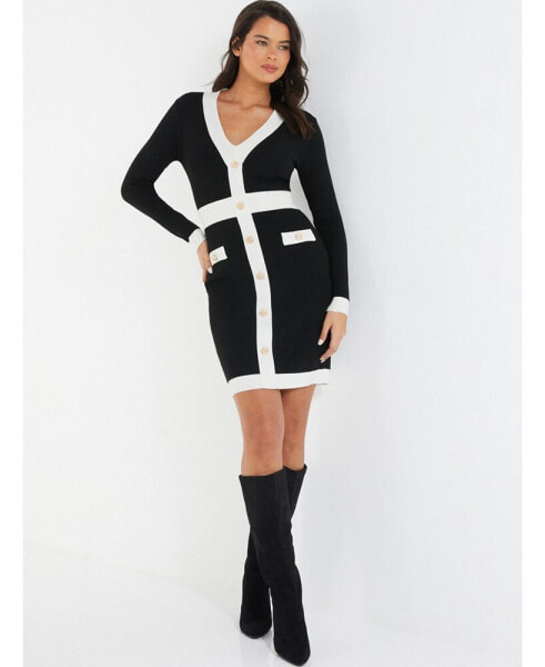 Women's Black and White Knitted Color Block Dress