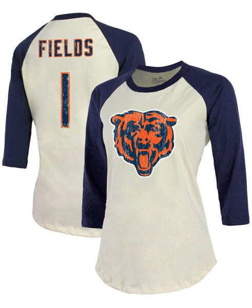 Women's Justin Fields Cream, Navy Chicago Bears Player Name Number Raglan 3/4 Sleeve T-shirt
