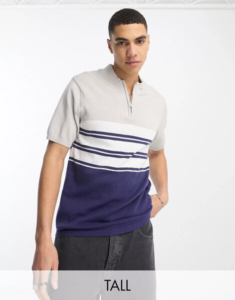 Another Influence Tall colour block zip polo in grey