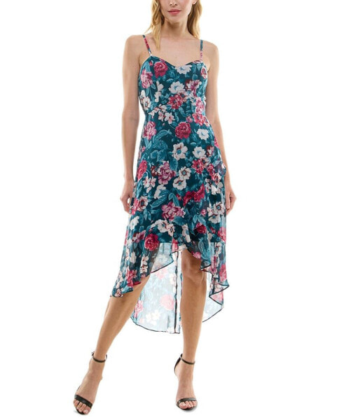 Juniors' Printed Sweetheart-Neck Asymmetric-Hem Dress