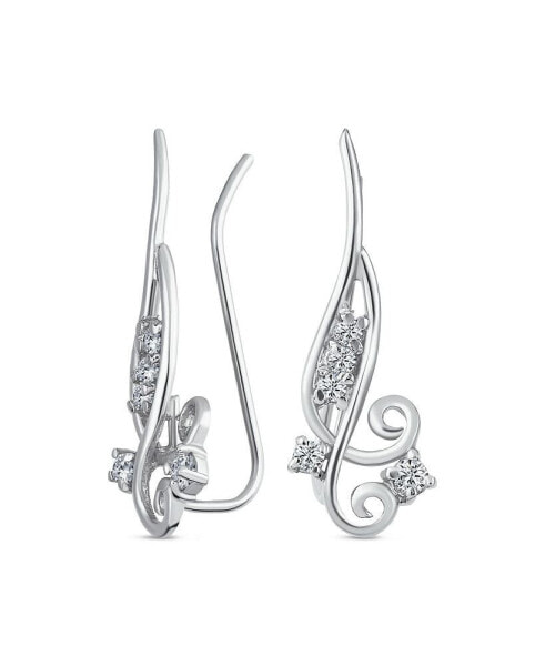 CZ Swirl Wire Ear Pin Climbers Crawlers Earrings For Women For Teen Round Cubic Zirconia .925 Sterling Silver