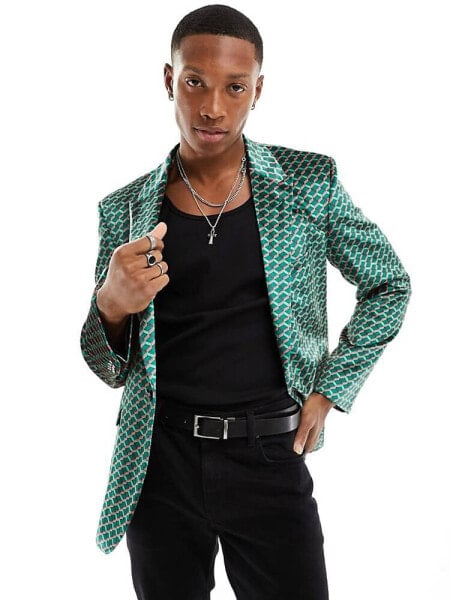 ASOS DESIGN skinny blazer in green geo print