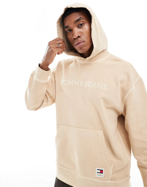 Tommy Jeans Logo Embroidery Relaxed Hoody in Beige