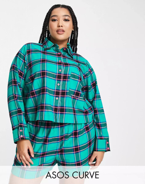 ASOS DESIGN Curve woven check shirt & short pyjama set in green