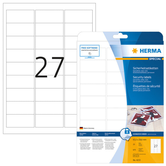 HERMA Security labels A4 63.5x29.6 mm white extra strong adhesion film matt 675 pcs. - White - Self-adhesive printer label - A4 - Laser - Permanent - Matte