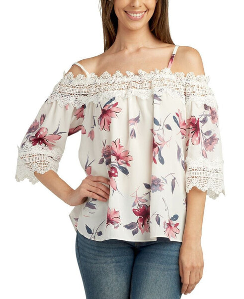 Juniors' Floral Crochet-Trim Off-the-Shoulder Top