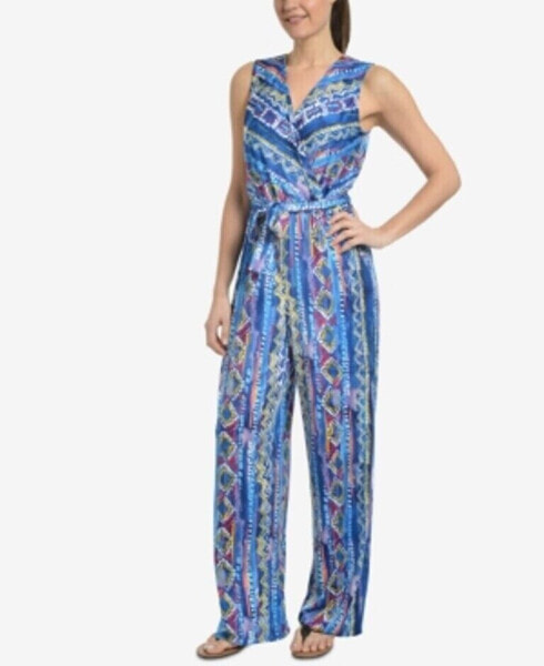 Ny Collection Women's Sleeveless Printed Surplice Jumpsuit Blue Multi L