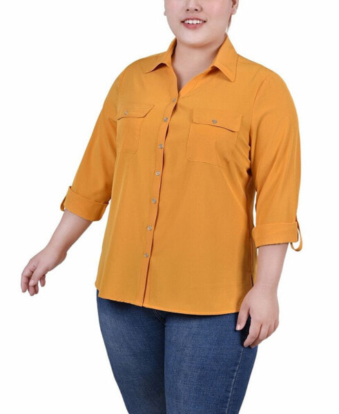 Plus Size 3/4 Roll Tab Blouse with Pockets