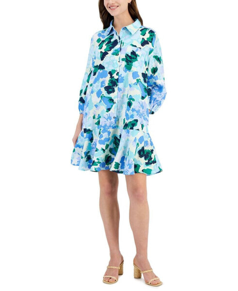 Women's Floral-Print 100% Linen Flounce Dress, Created for Macy's