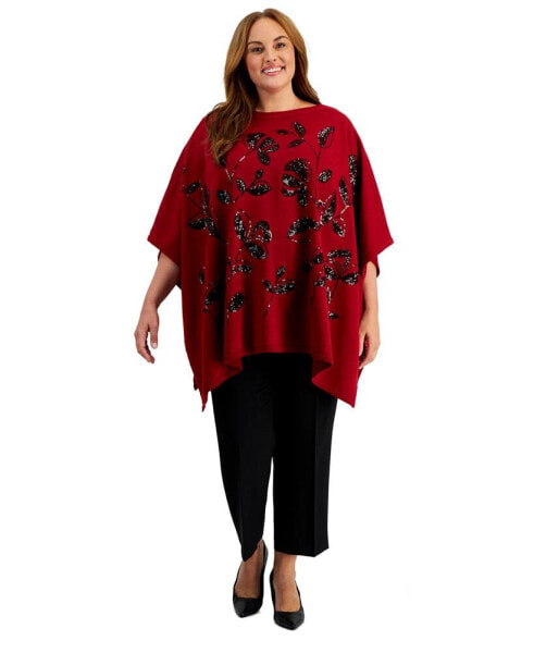 Plus Size Floral Sequined Poncho Sweater