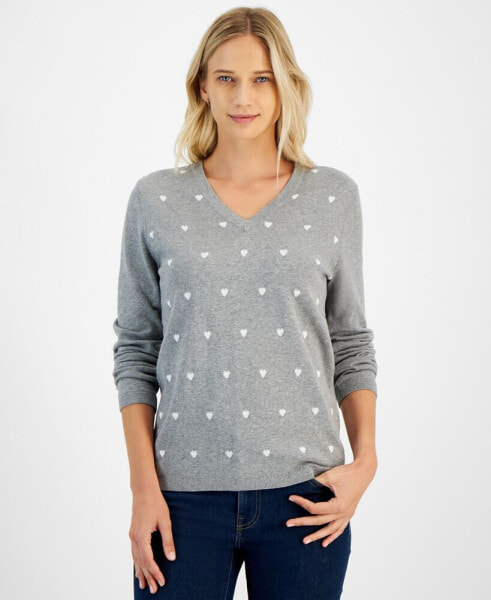 Women's Heart Print V-Neck Long-Sleeve Cotton Sweater