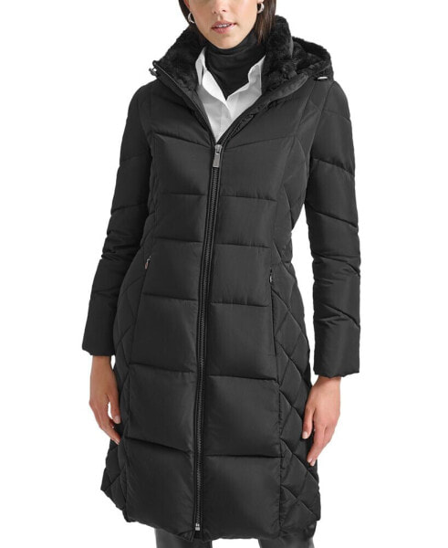 Women's Diamond Quilted Side Belted Hooded Puffer Coat