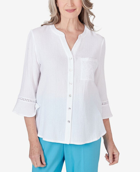 Petite Summer Breeze V-neck Button Down Gauze Top