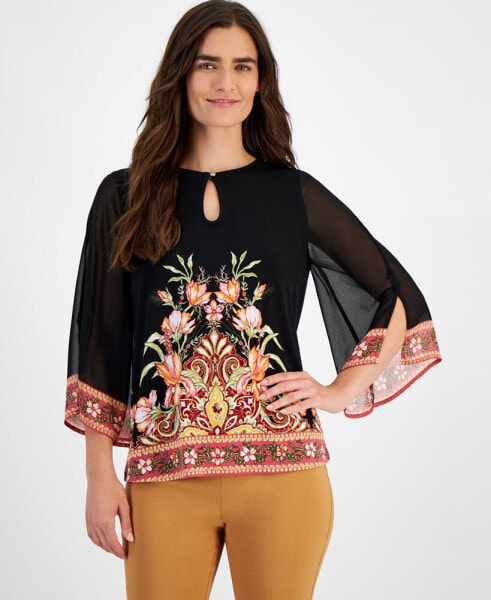 Petite Keyhole-Neck Border-Print Top, Created for Macy's