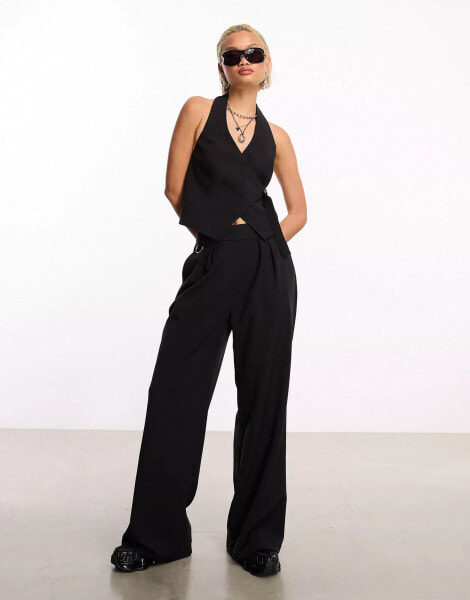 COLLUSION tailored wide leg trousers co-ord with elasticated waistband in black