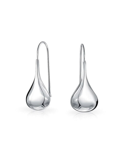 Simple Plain Puffed Teardrop Pear Shaped Rain Drop Earrings For Women Fishhook Threader Polish Sterling Silver 1.4 Inch