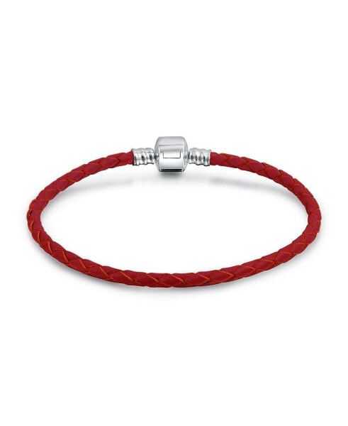 Red Weave Braided Leather Starter Charm Fits European Beads Bracelet For Women .925 Sterling Silver Barrel Clasp