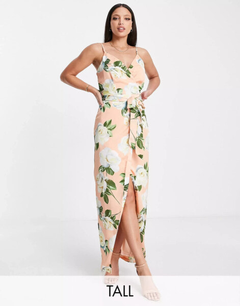 Liquorish Tall satin wrap maxi dress with belt in peach rose print