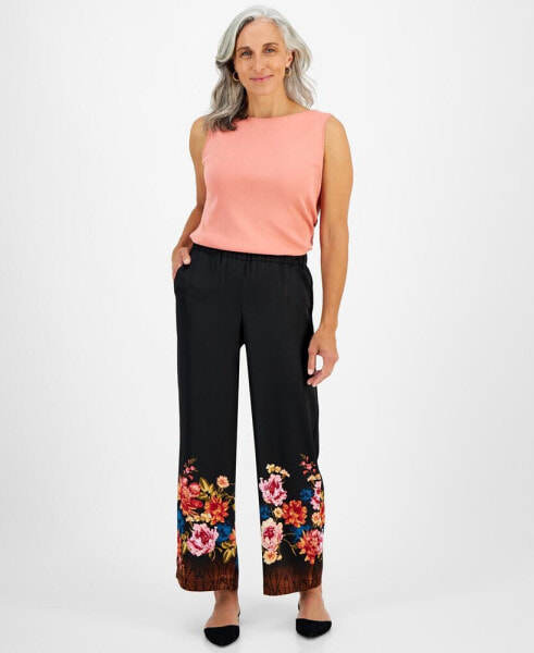 Petite Pull-On Floral Satin Pants, Created for Macy's