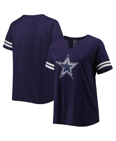 Women's Navy Dallas Cowboys Plus Size Logo Striped Raglan Notch Neck T-shirt