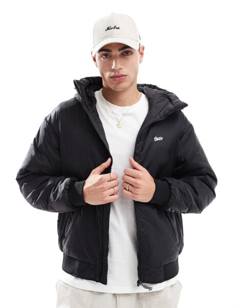 Pull&Bear padded ripstop hooded jacket in black