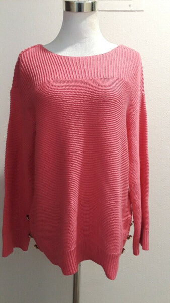 Charter Club Women's Scoop Neck Sweater Embellished Button Hem Pink XS