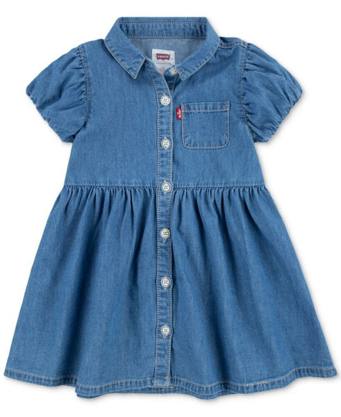 Toddler Girls Cotton Bubble-Sleeve Shirtdress