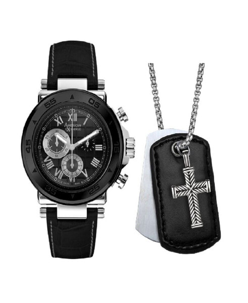 Часы и аксессуары American Exchange мужские аналоговые часы с кожаным ремешком на кварцевом механизме с тремя стрелками в подарочном наборе 44 мм