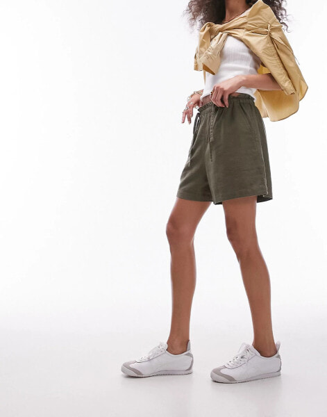 Topshop linen tie front short in khaki