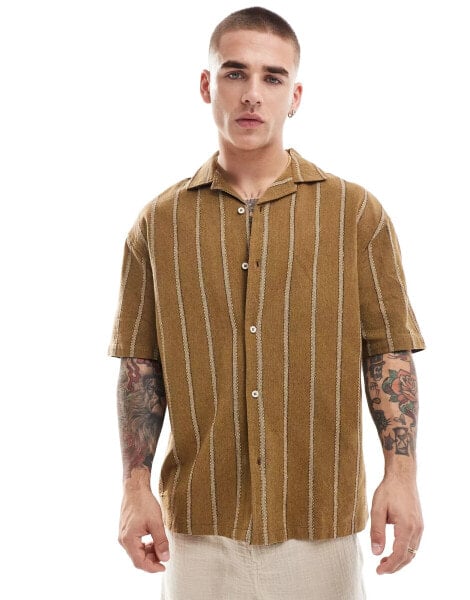 Pull&bear short sleeve striped shirt in khaki