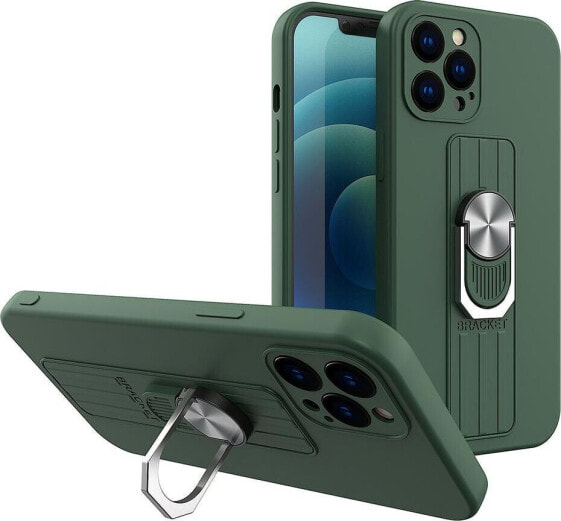 Hurtel Ring Case silikonowe etui z uchwytem na palec i podstawką do iPhone 12 mini ciemnozielony