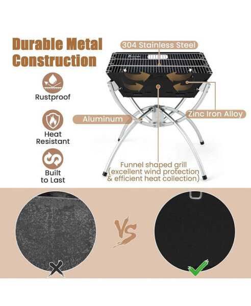3-in-1 Portable Charcoal Grill Folding Camping Fire Pit with Carrying Bag & Gloves